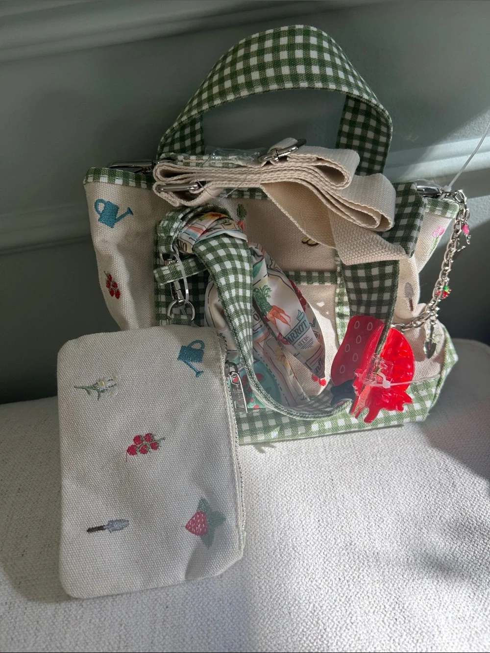 Madden Girl Green Gingham Canvas Tote with Fruit clip and Scarf